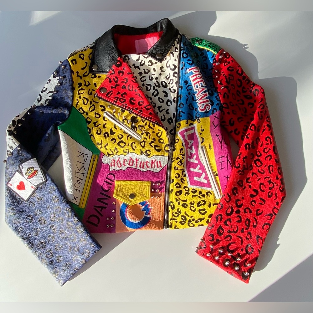 AZALEA WANG Studded Moto Jacket, Wonka Colors Rock Star Game Moto Jacket Sz: XL - Picture 6 of 16